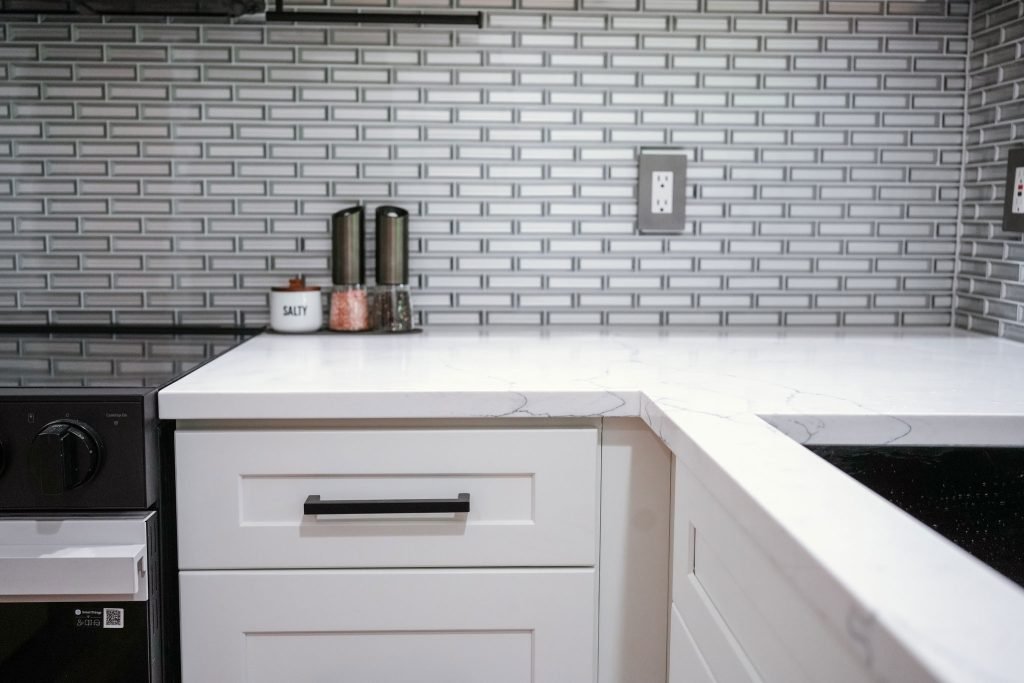 dove white rta cabinets close up black handles seattle