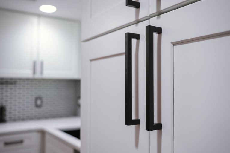dove white rta kitchen cabinets black handles seattle