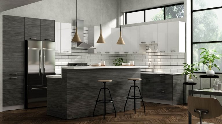 frameless gray and white custom kitchen cabinets seattle