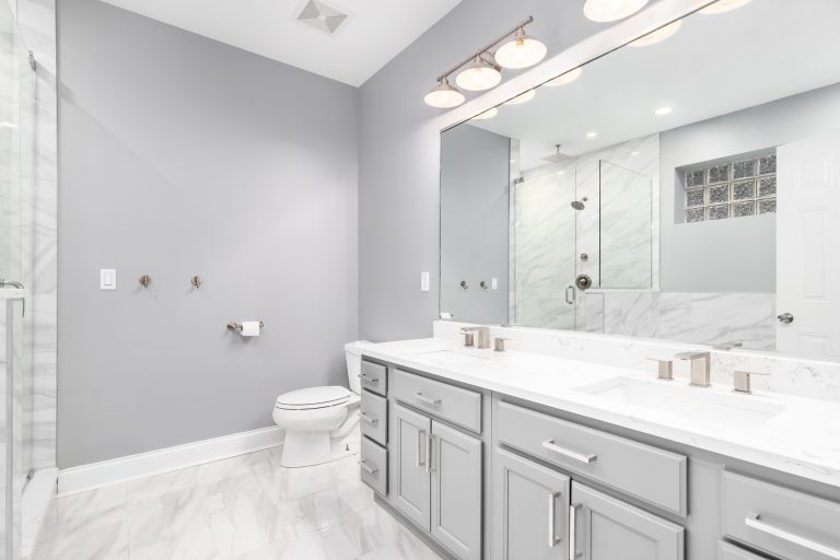 gray and white bathroom remodel with double vanity seattle wa