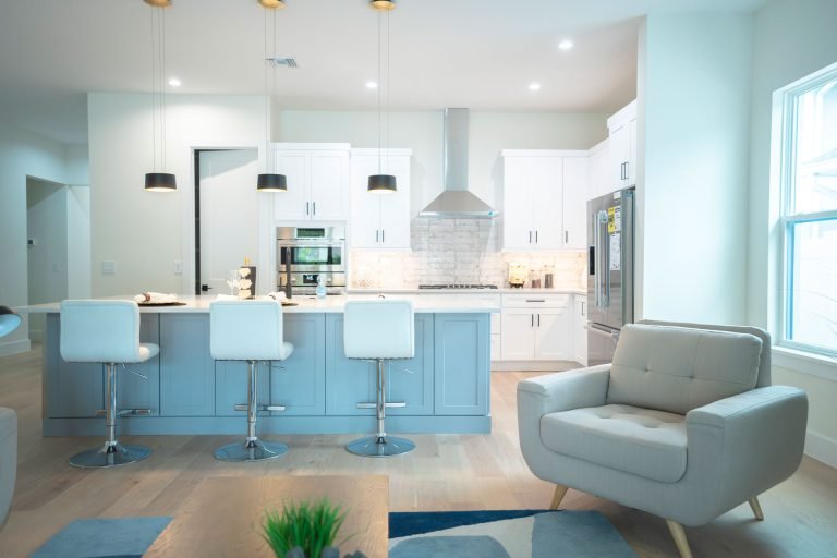 kitchen with rta cabinets gray island pendant lights