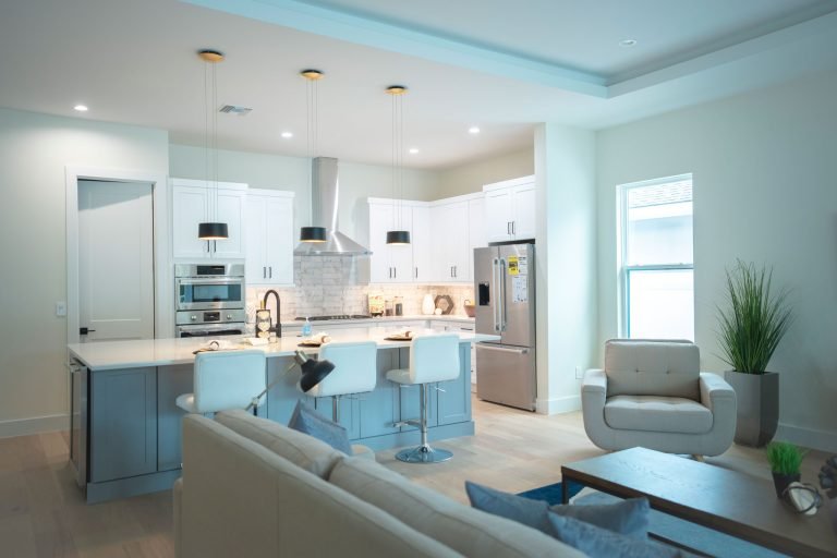 open concept kitchen gray island white rta cabinets seattle