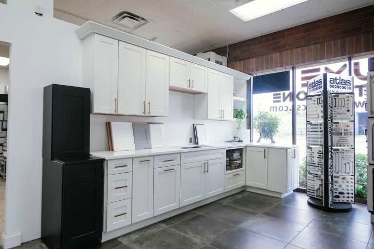 showroom white black rta cabinets display