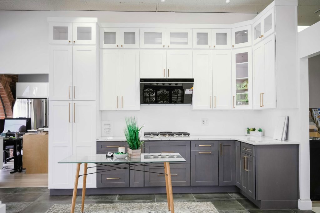 white and gray kitchen showroom display