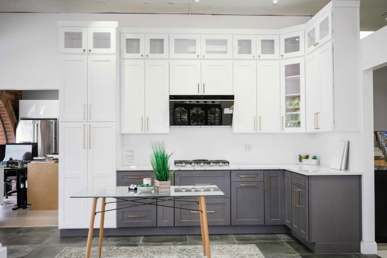 white and gray kitchen showroom display