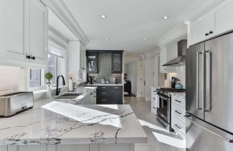 white marble framed countertop custom cabinets seattle