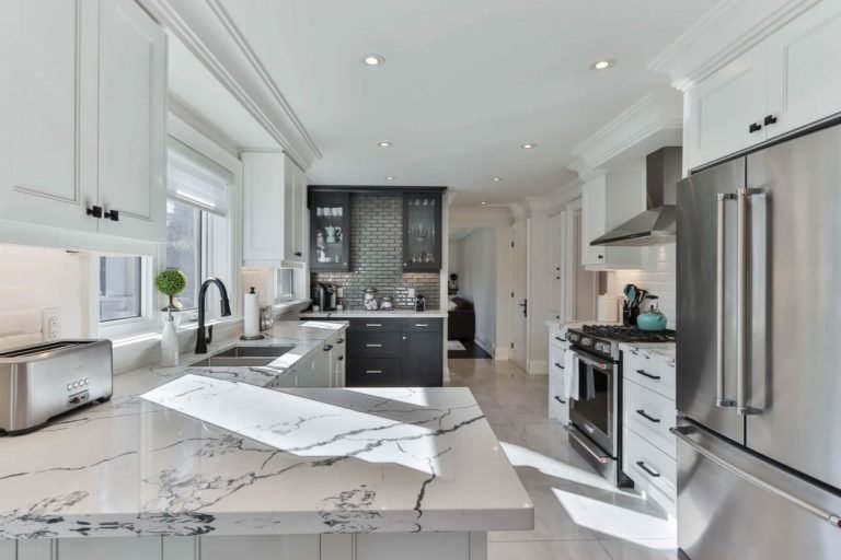 white marble framed countertop custom cabinets seattle