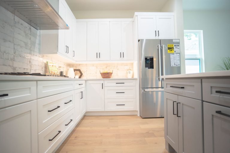 white rta kitchen cabinets with fridge seattle
