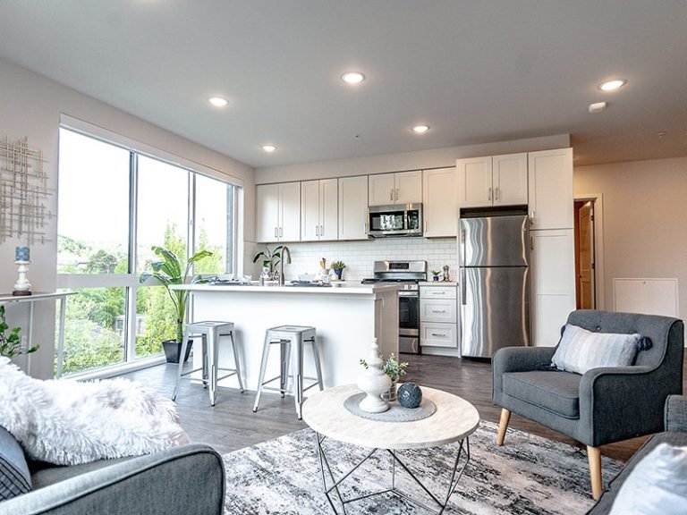 wholesale cabinets modern kitchen with living area monarc seattle